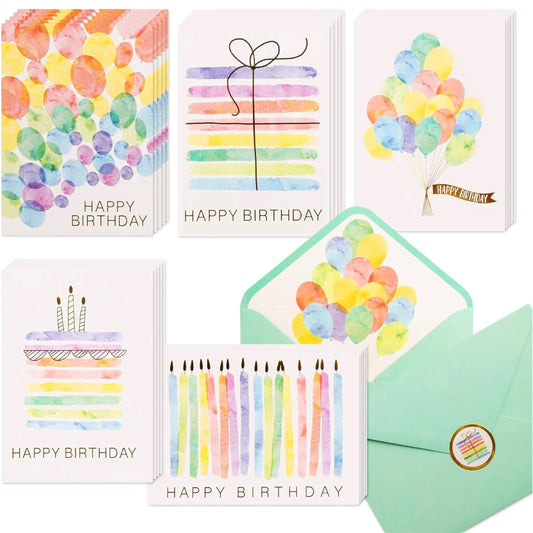 100 Happy Birthday Cards, Assorted Watercolor & Gold Foil Blank Birthday Notes Pack, Bulk Boxed Assortment Set of Greeting Note Cards w/ Envelopes & S